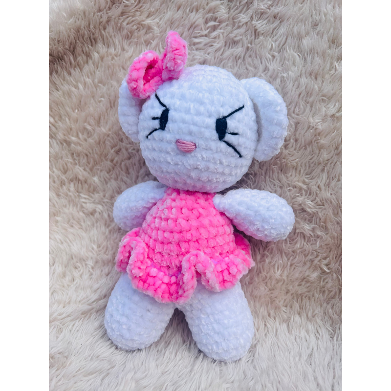 Doudou Chat Blanc et Rose en Coton Velours – Modèle Unique et Personnalisé